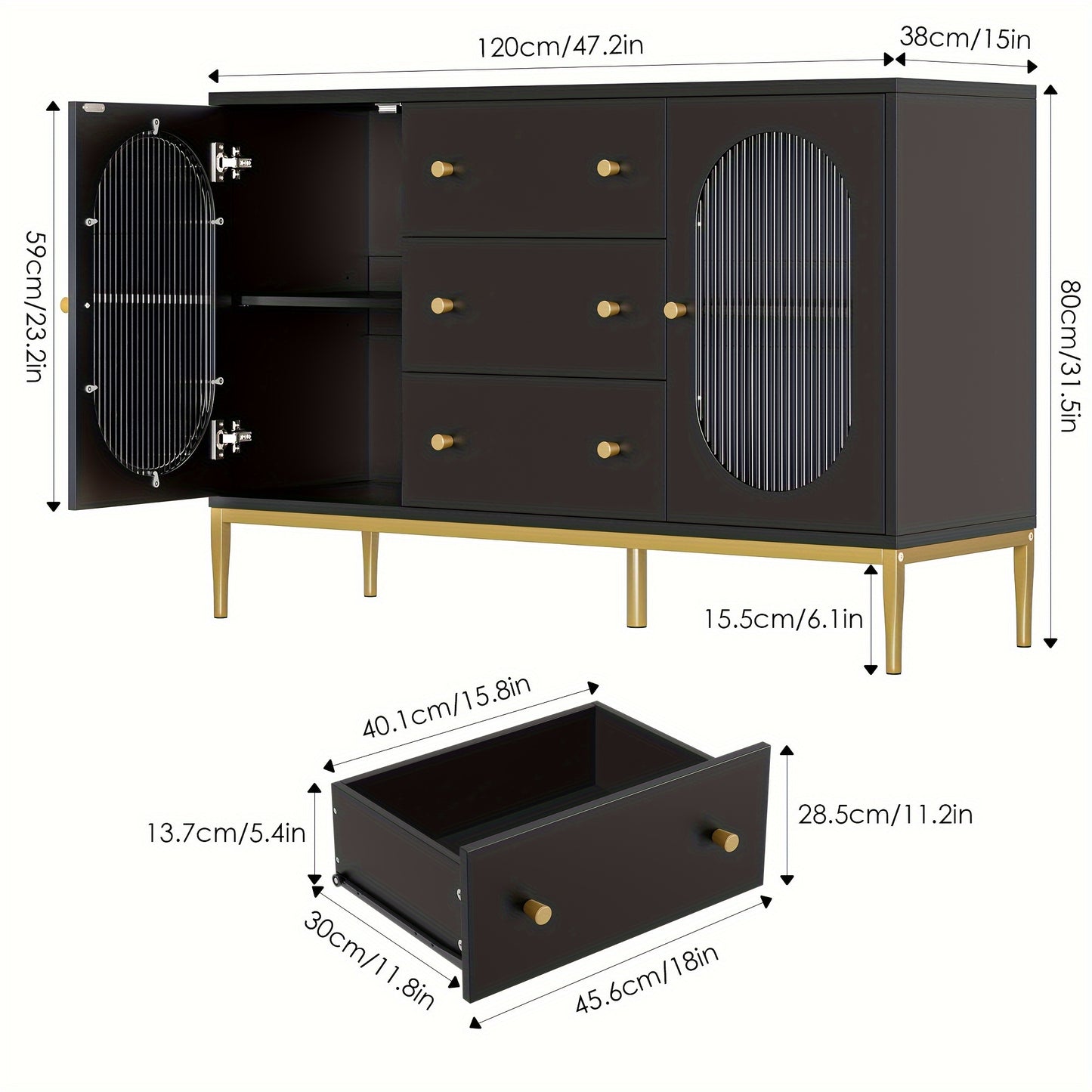 Ladekast – Kast – Opbergkast – Dressoir – Zijkast – Wit Zwart Hout – Verstelbare Planken – 3,2+ Kubieke Voet Capaciteit