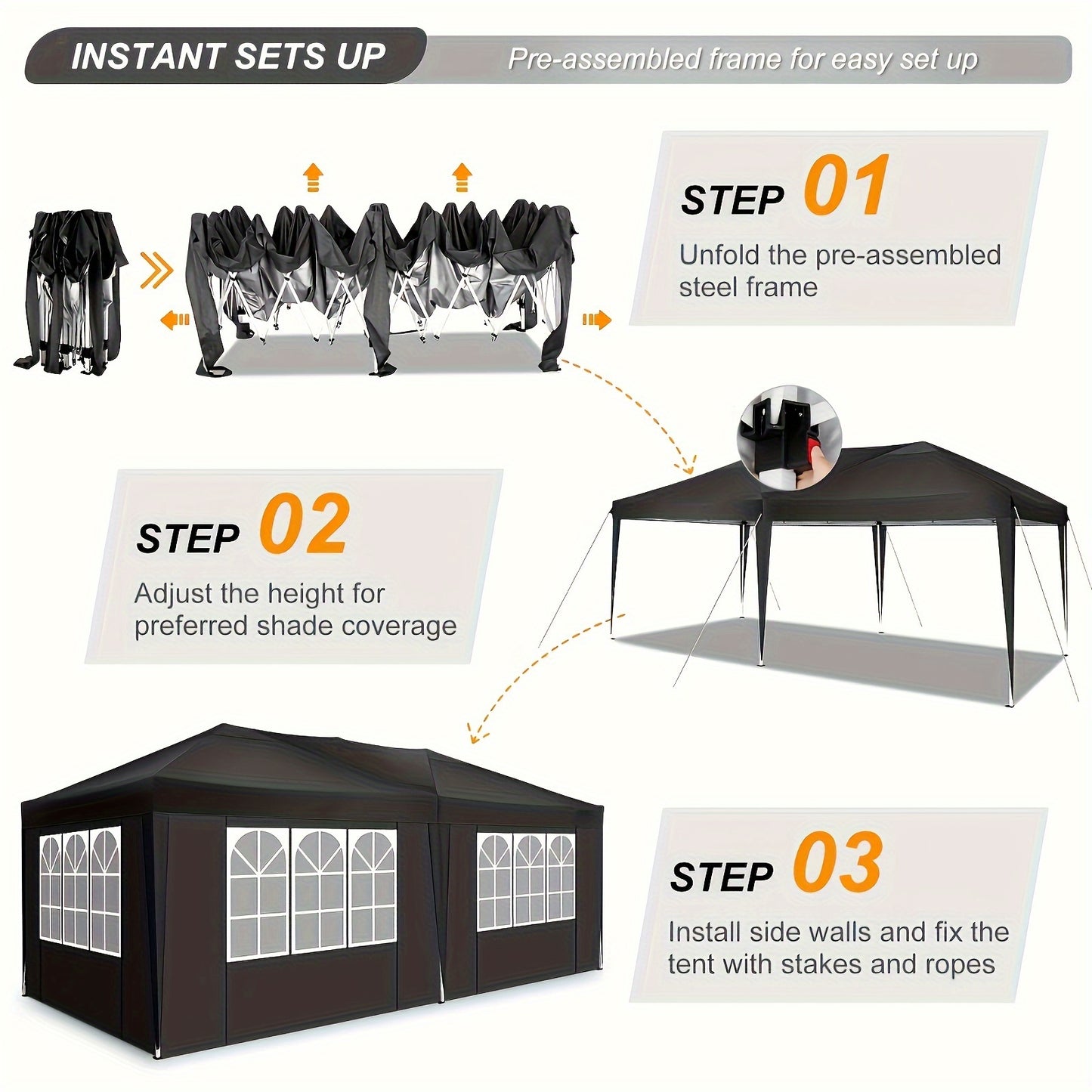 Partytent – Paviljoen – Tuintent – Feesttent – Schaduwtent – 3x6 m – Met 6 Zijwanden – UV Bescherming – Verstelbare Hoogte