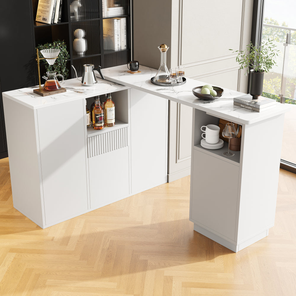360° Rotating Marble Top Bar Island Table with Storage Shelves - Modern White Multifunctional Workstation, Easy Assembly Space-Saving design for small homes/Offices/Kitchens (210x30x100.9cm, Metal Frame)