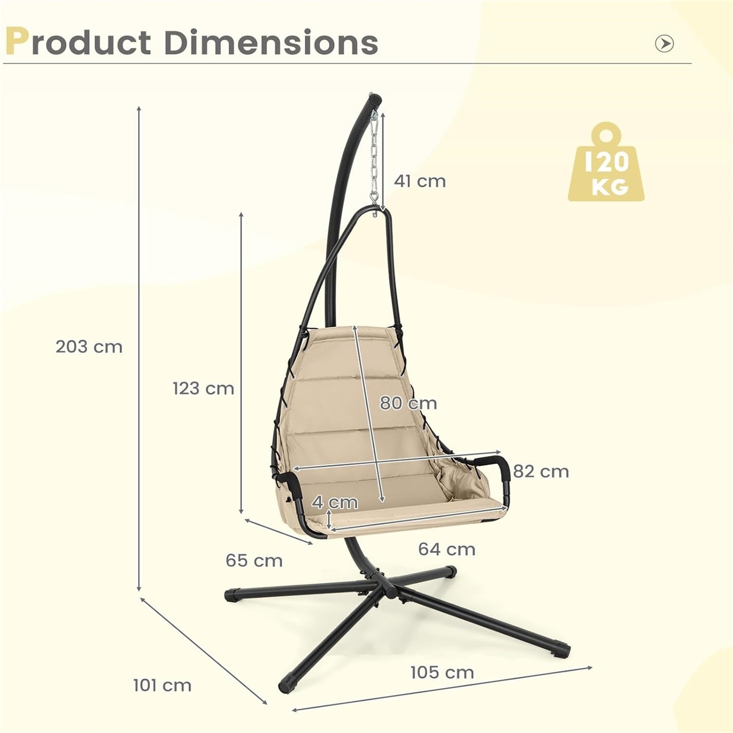 Schommelstoel – Hangstoel – Relaxstoel – Fauteuil – Loungestoel – Ergonomisch Met Armleuningen – Stevig Met Metalen Frame 120 kg Belastbaar – Beige