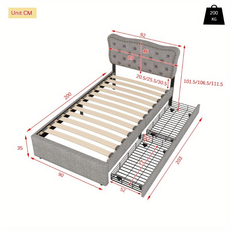 Bedframe – Bed – Eenpersoonsbed – Slaapbank – Bedbank – Moderne Stoffering – 90x200 cm – Met Opbergladen