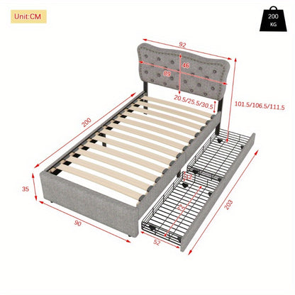 Bedframe – Bed – Eenpersoonsbed – Slaapbank – Bedbank – Moderne Stoffering – 90x200 cm – Met Opbergladen