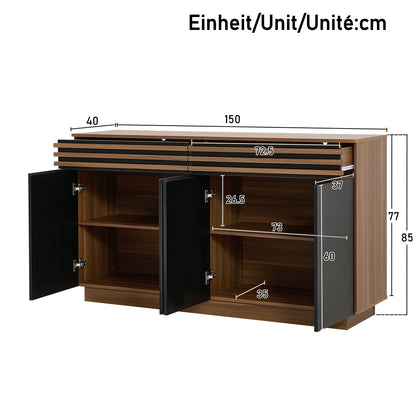 Dressoirkast – Sideboard – Buffetkast – Opbergkast – Kast – Zwart – 150x40x85 cm – MDF – 2 Lades & 4 Deuren – Ruime Opbergruimte