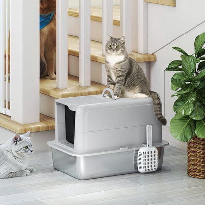 Kattenbak – Kattentoilet – Kattenbak Zwart – Kattenbak Open – Gesloten Kattenbak – Roestvrijstalen Binnenbak – Geurfilter Met Schep – Ruim Voor Katten Tot 6 Kg – Grijs/Zilverkleurig 40,5x60,5x41,5 cm