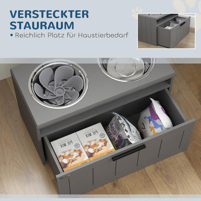 hondenvoerbak verhoogd – voerbak met standaard – dubbele voerbak hond – verhoogde voerbak met lade – verhoogde voerbak voor grote honden – 2 roestvrijstalen bakken – MDF en staal – 35,5 x 60 x 30 cm – grijs
