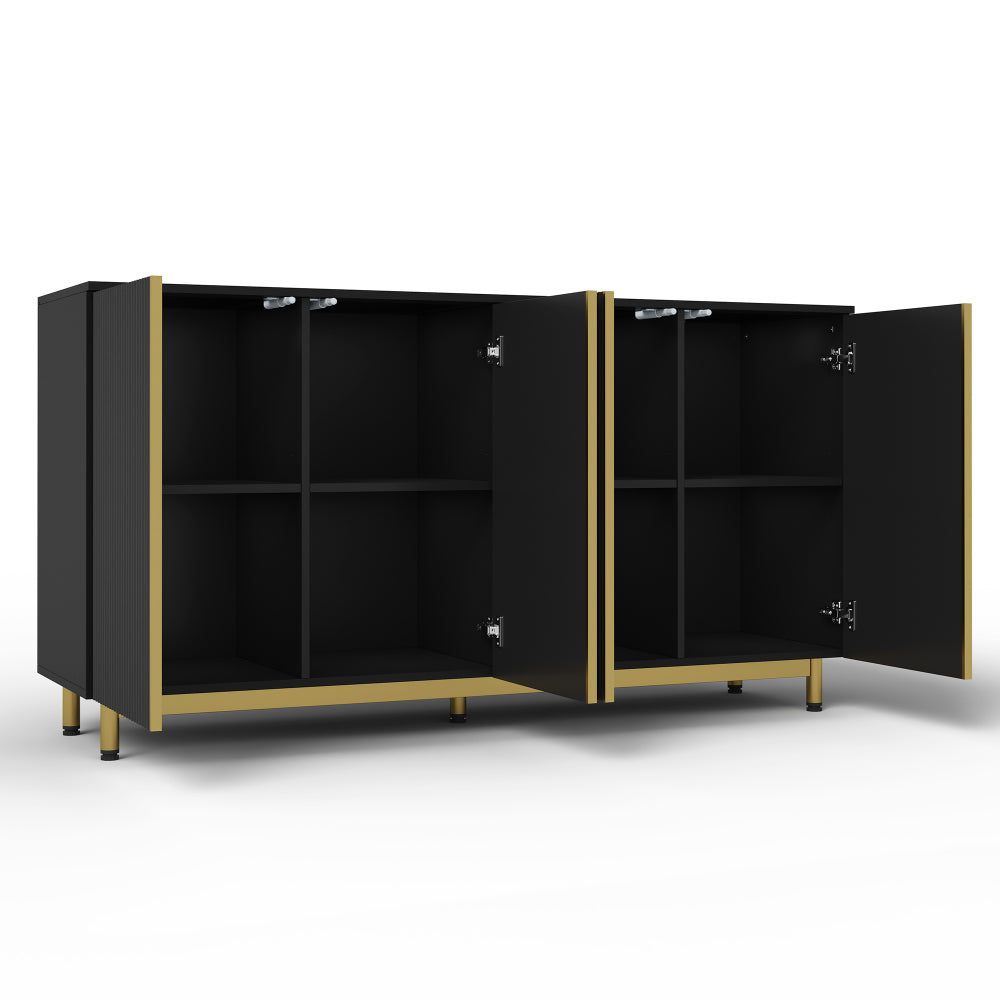 Zwart Sideboard – Buffetkast – Dressoir – Keukenkast – Buffetkast Met Opbergruimte – 150 Cm Breed – Wavy Fluted Deuren Met Verstelbare Metalen Poten