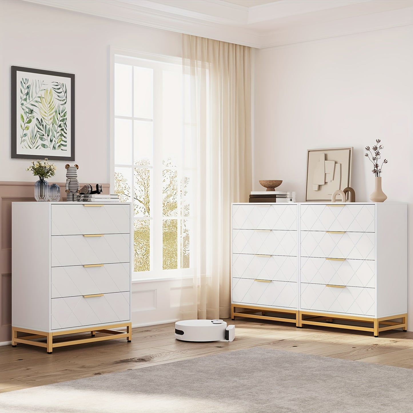 Kommode – Ladekast – Dressoir – Opbergkast – Ladekast Wit – 4 Lades – Gouden Metalen Poten – Anti-Kantel Veiligheid – Hardhout – Compact Design