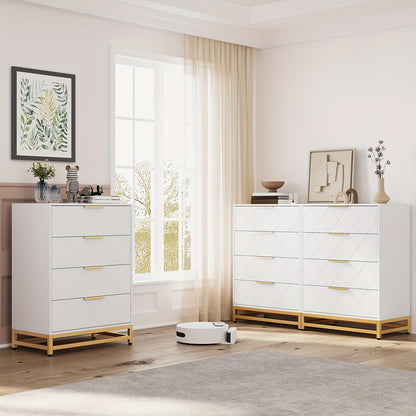 Kommode – Ladekast – Dressoir – Opbergkast – Ladekast Wit – 4 Lades – Gouden Metalen Poten – Anti-Kantel Veiligheid – Hardhout – Compact Design