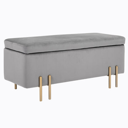 Opbergbank – Zitbank – Halbank – Opbergkist – Opbergbox – Lichtgrijs Fluweel – 100x40x42 cm – Met Ruime Opbergruimte – Gouden Metalen Pootjes