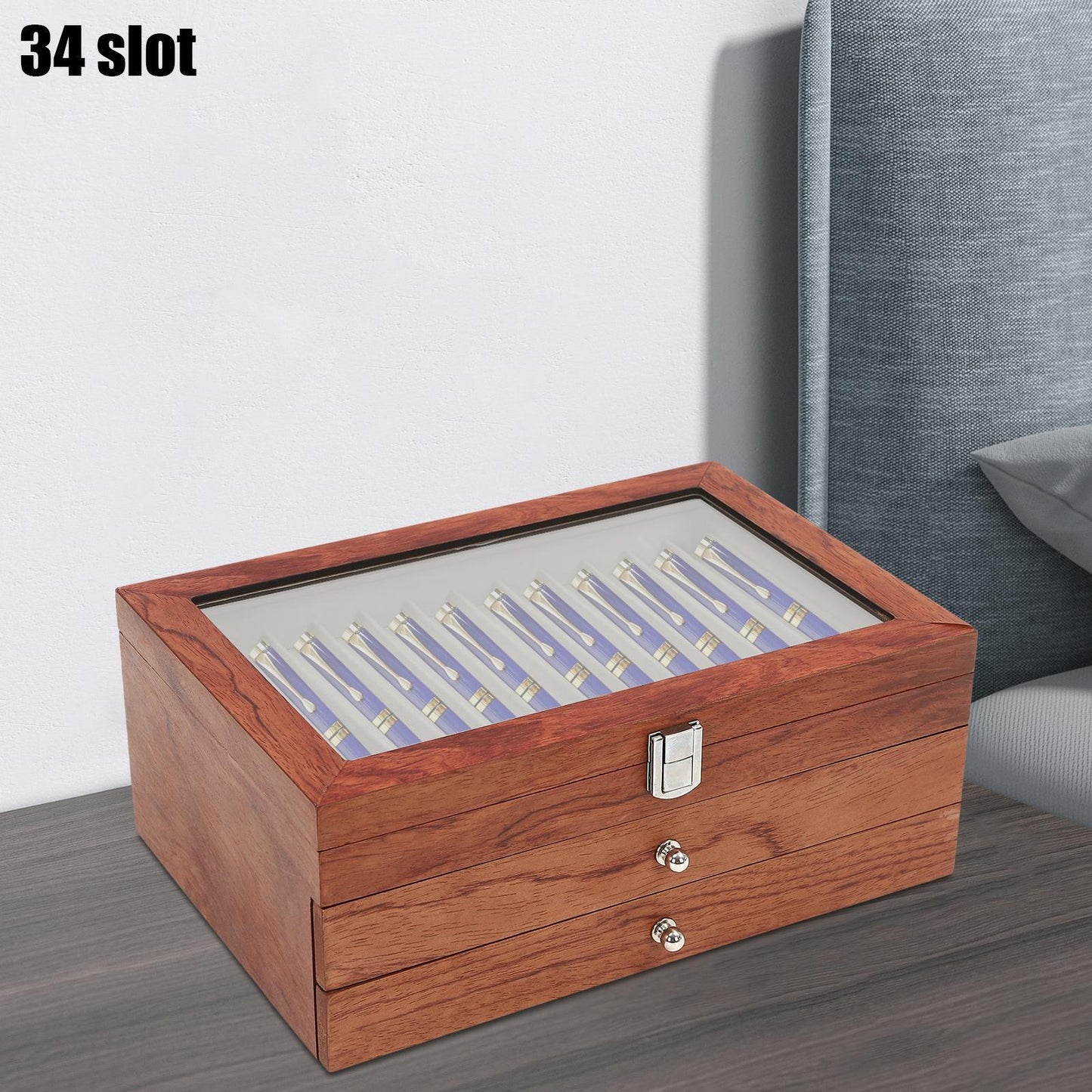 Penbox – Pennendoos – Pennenhouder – Bureau Organizer – Pennenetui – Massief Rozenhout – 34 Vakjes – Veilige Sluiting