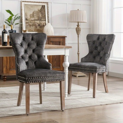 Eetkamerstoel – Keukenstoel – Woonkamerstoel – Stoelenset – Velvet Stoel – Set Van 2 – Grijze Velvet Bekleding – Massief Houten Poten Met Unieke Deurknop