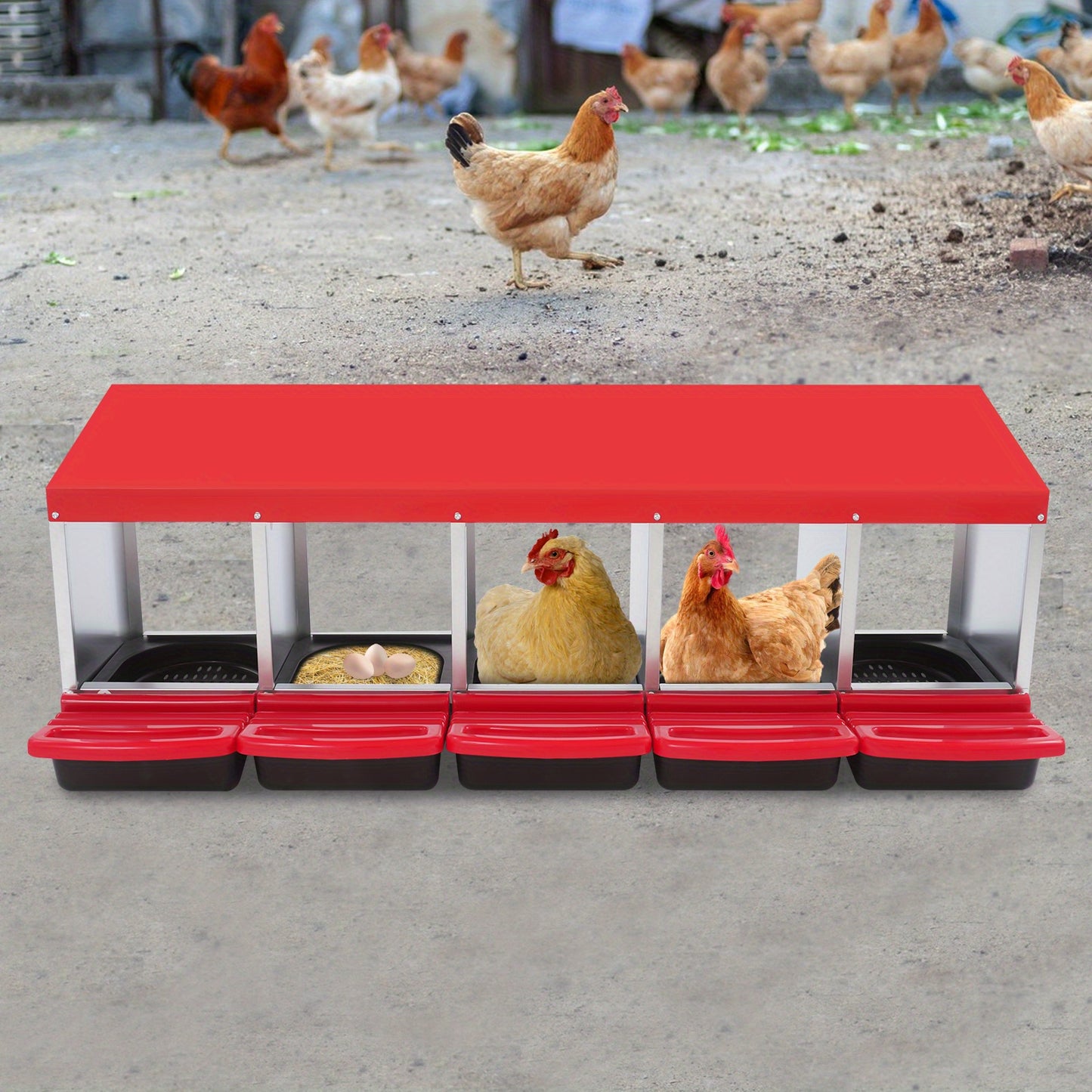 Kippenhok Nestkast – Nest Box – Legnest – Kippennest – Eieren Verzamelen – 5 Compartimenten – Gegalvaniseerd Staal – Rood