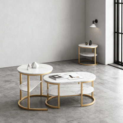Salontafel – Woonkamertafel – Koffietafel – Bijzettafel – Tafelset – Met Opbergruimte – Met Marmerlook Tafelblad – Verstelbare Metalen Poten – Rond en Ovaal