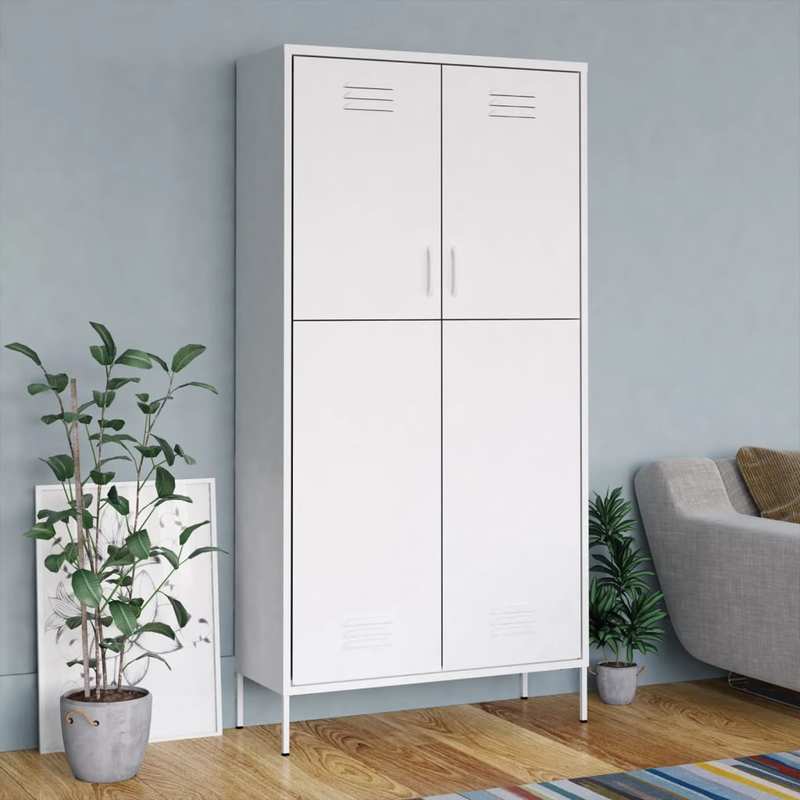 Witte Stalen Kast – Opbergkast – Bergkast – Kast Met Deuren – Stalen Opbergmeubel – 90x50x180 cm – Robuust Staal Met Houten Elementen