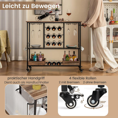 Barwagen – Serveerwagen – Drinkwagen – Wijnkar – Trolley – Industrieel Vintage Bruin – 3-laags Met 8 Glazenhouders – 9 Fleshouders