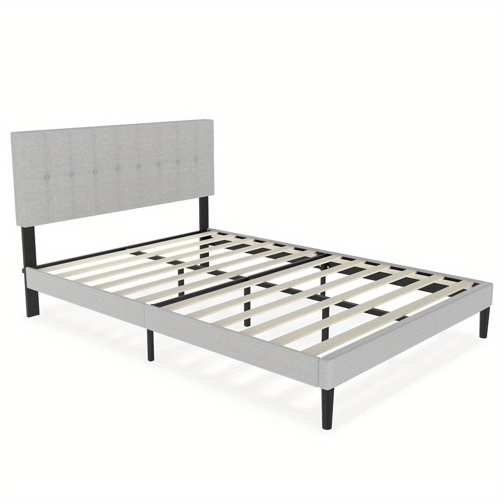 Gestoffeerd Bed – Linnen Bed – Bedframe – Slaapbed – Bed Met Hoofdbord – Lichtgrijs Linnen Bekleding – Stevige Houten Constructie – Stil En Comfortabel