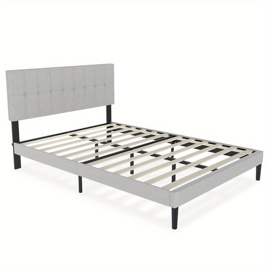 Gestoffeerd Bed – Linnen Bed – Bedframe – Slaapbed – Bed Met Hoofdbord – Lichtgrijs Linnen Bekleding – Stevige Houten Constructie – Stil En Comfortabel