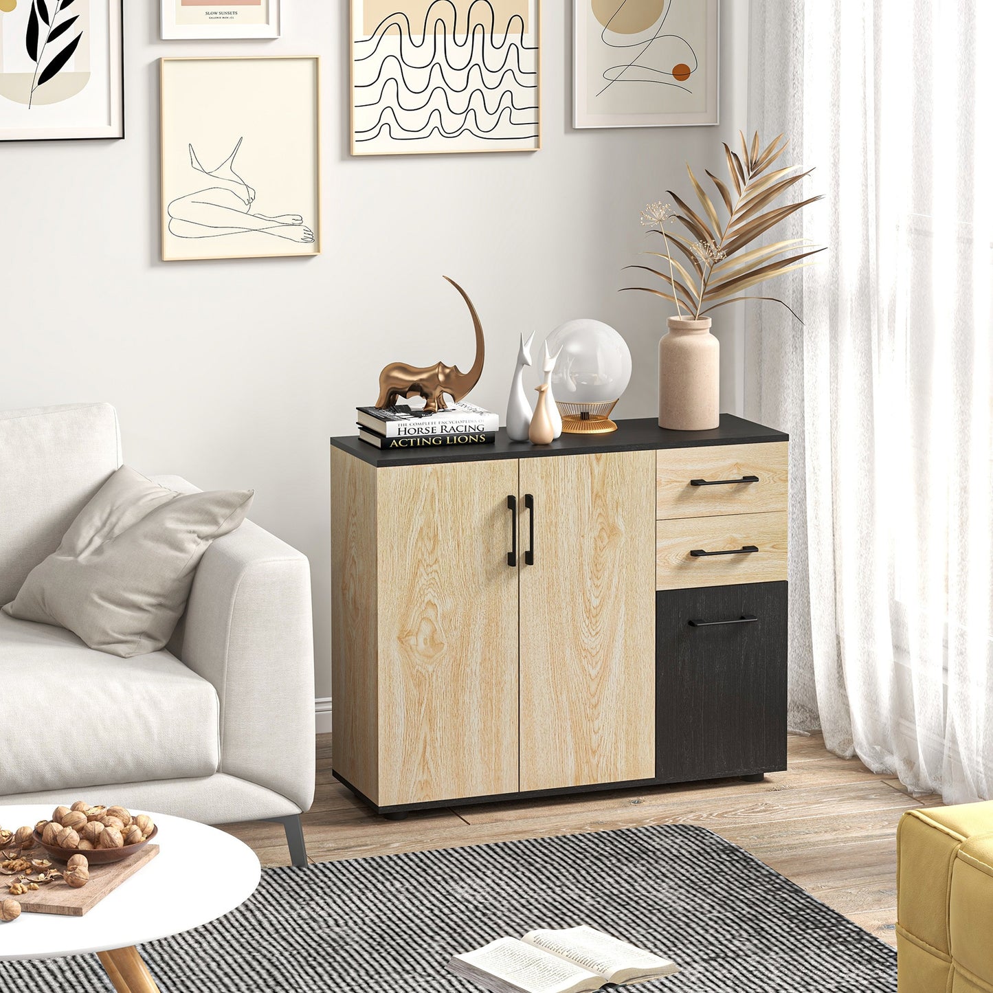 Sideboard – Dressoir – Opbergkast – Kast – Buffet – Natuurlijk Zwart – 90x30x75,5 cm – MDF Met Houtnerfafwerking – Verstelbare Plank & 3 Lades