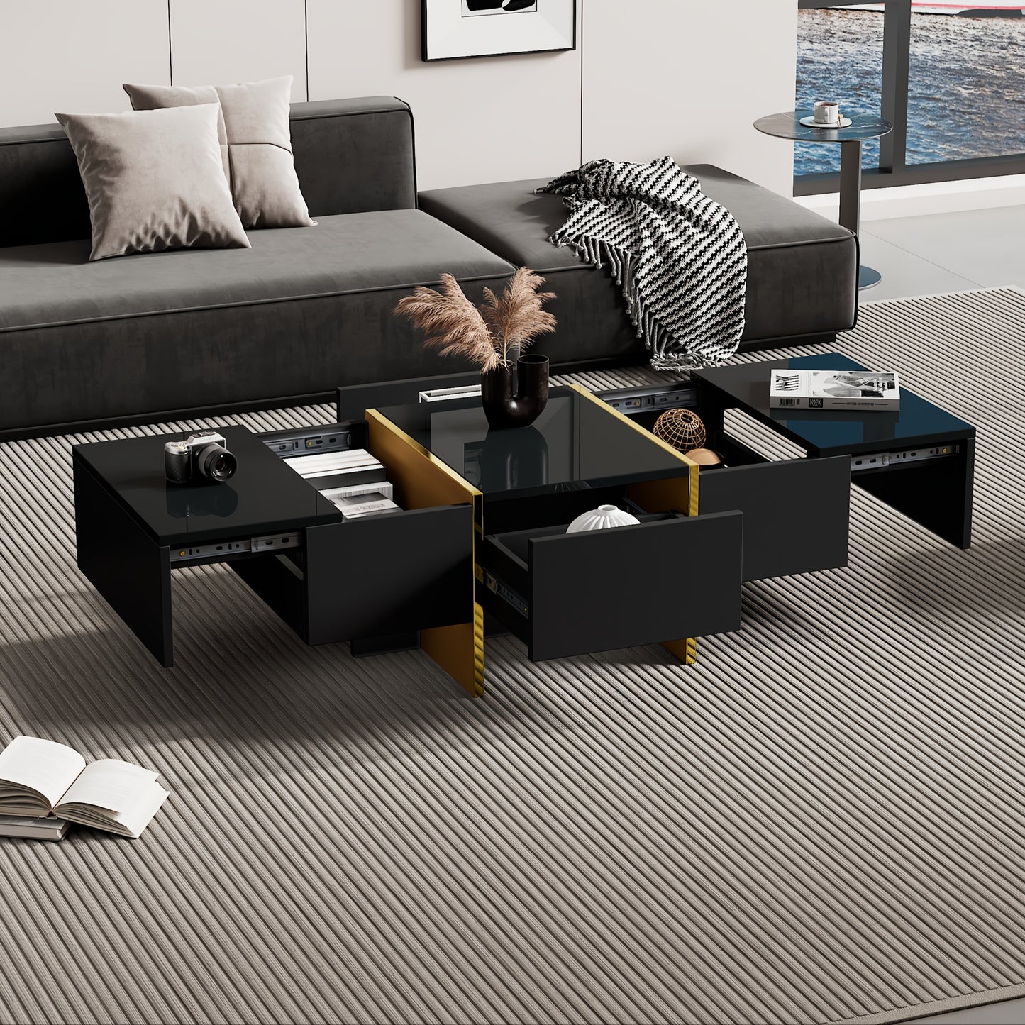 Salontafel – Koffietafel – Woonkamertafel – Bijzettafel – Tafel met Lades – Hoogglans Zwart – Ruimtebesparend Ontwerp – Vier Lades