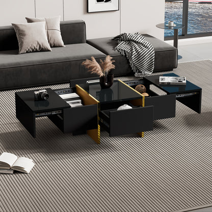Salontafel – Koffietafel – Woonkamertafel – Bijzettafel – Tafel met Lades – Hoogglans Zwart – Ruimtebesparend Ontwerp – Vier Lades
