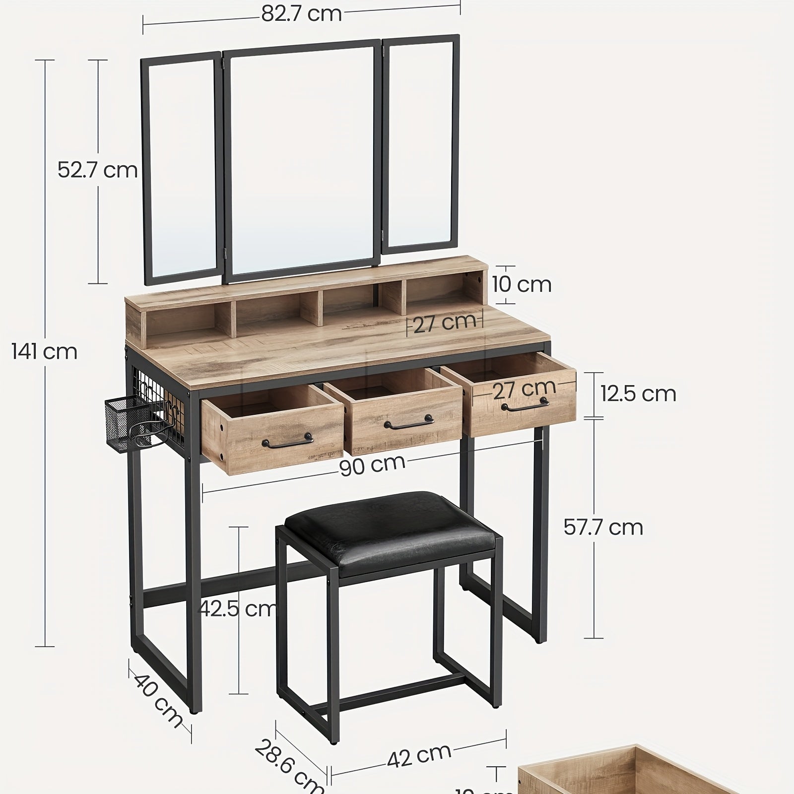 Kaptafel – Make-up Tafel – Cosmetische Tafel – Opmaaktafel – Visagie Tafel – Donker Hout & Zwarte Poten – 3 Laden en Driedelige Spiegel – Ingebouwde Haardrogerhouder – Met Krukje – Ruimtebesparend Design - QUORE