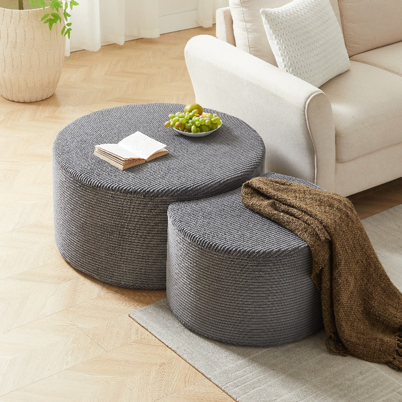 2-delige Ronde Salontafelset – Poef – Hocker – Bladtafel – Foamed Kruk – Modern Woonkamer Meubel – Gevuld Kussen – Geen Montage Nodig