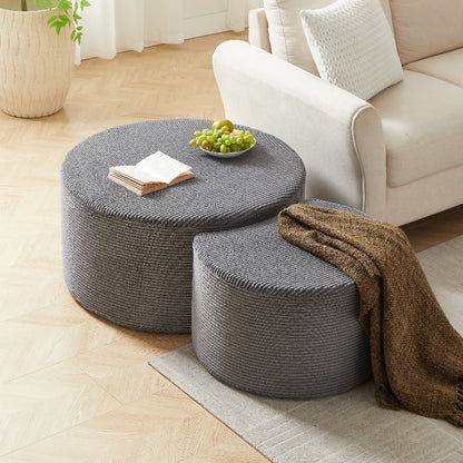 2-delige Ronde Salontafelset – Poef – Hocker – Bladtafel – Foamed Kruk – Modern Woonkamer Meubel – Gevuld Kussen – Geen Montage Nodig