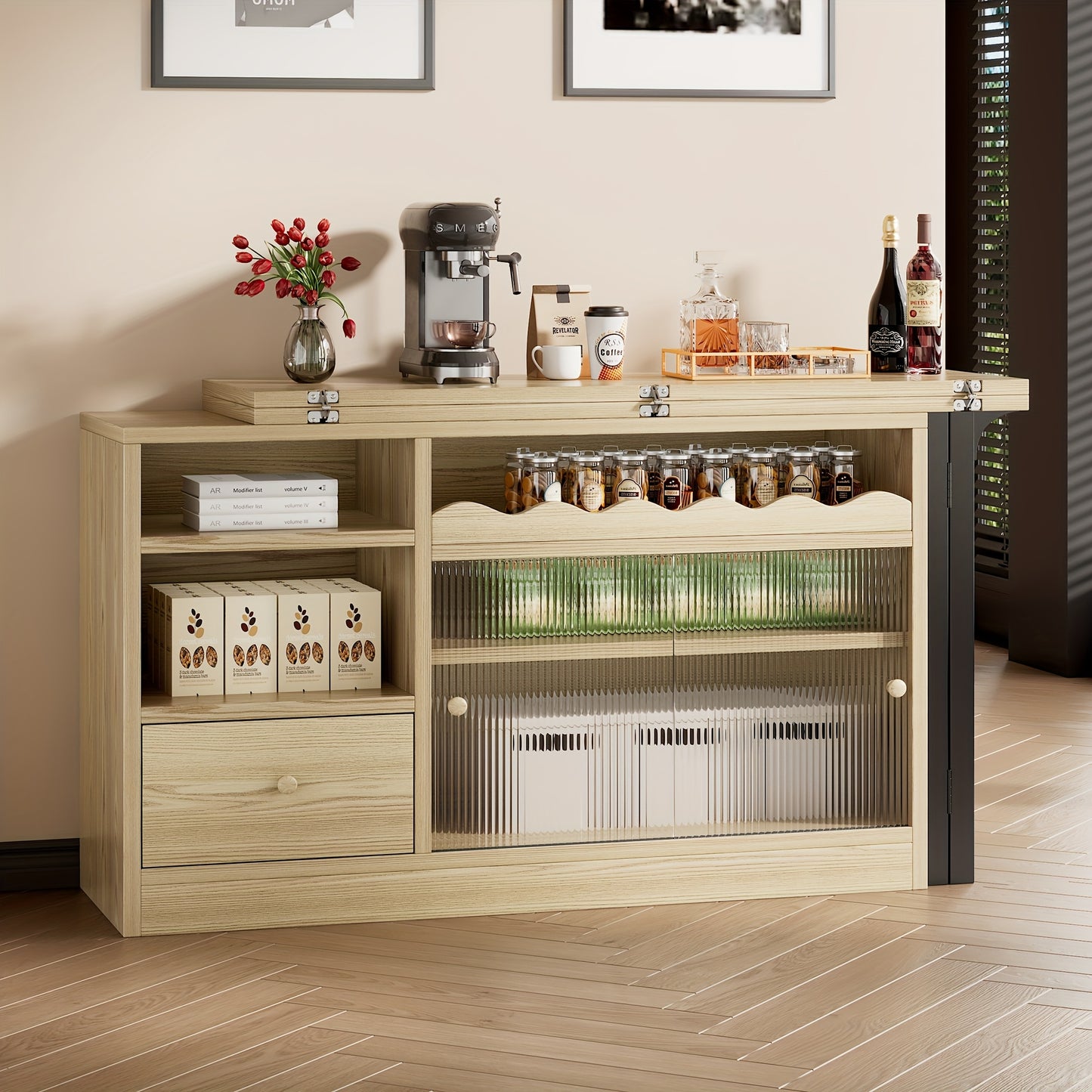 Uitklaptafel – Klaptafel – Vouwtafel – Eettafel – Uitschuifbare Tafel – 360° Draaibaar – Ruimtebesparend Met Opbergruimte – Stevig Metalen Frame – Natuurlijk Houtkleur & Zwart