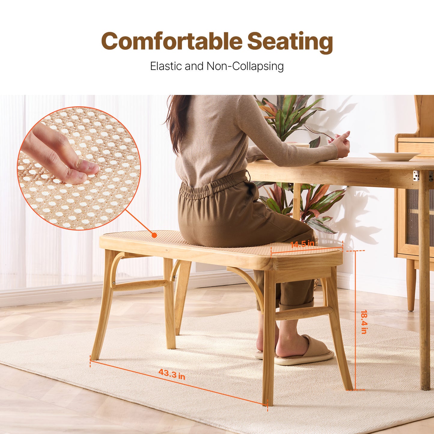Rotan Bankje – Rieten Zitbank – Rattan Bank – Houten Bankje – 115 cm Lengte – Handgeweven Rotan – Stevig Houten Frame