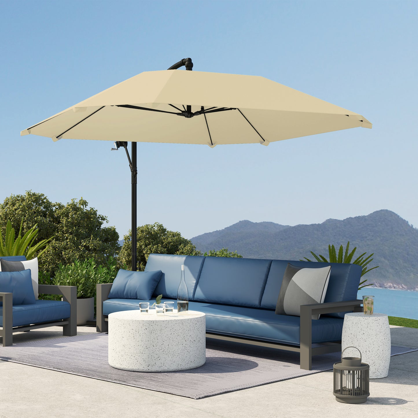 Terrasparasol – Parasol – Zonnescherm – Knikarmparasol – Buitenparasol – Beige – Waterafstotend Doek – Stevige Kruisvoet