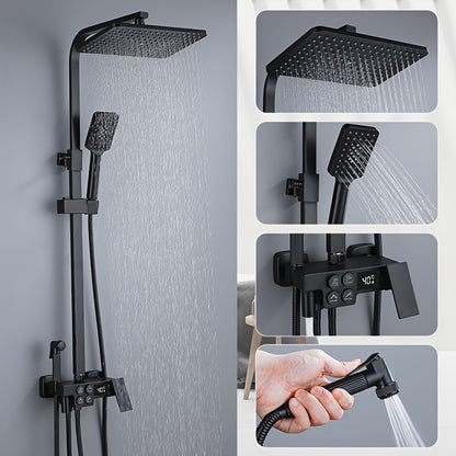 Shower System in Black with a Handheld Shower Head, Bathtub Spout, Wall-Mounted Four-Function Set, And Digital Display System.