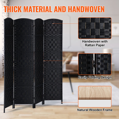 Kamerscherm – Room Divider – Scheidingswand – Paravent – Privacy Scherm – 4 Panelen – Handgeweven Rattan Papier – Paulownia Hout – 360° Draaibare Scharnieren – Zwart