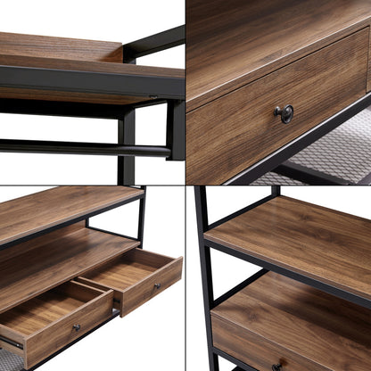 Garderobestand – Kledingrek – Kapstok – Schoenenrek – Opbergmeubel – Metalen Frame – Walnoot Look – 4 Planken – 2 Lades – 180x120x40 cm