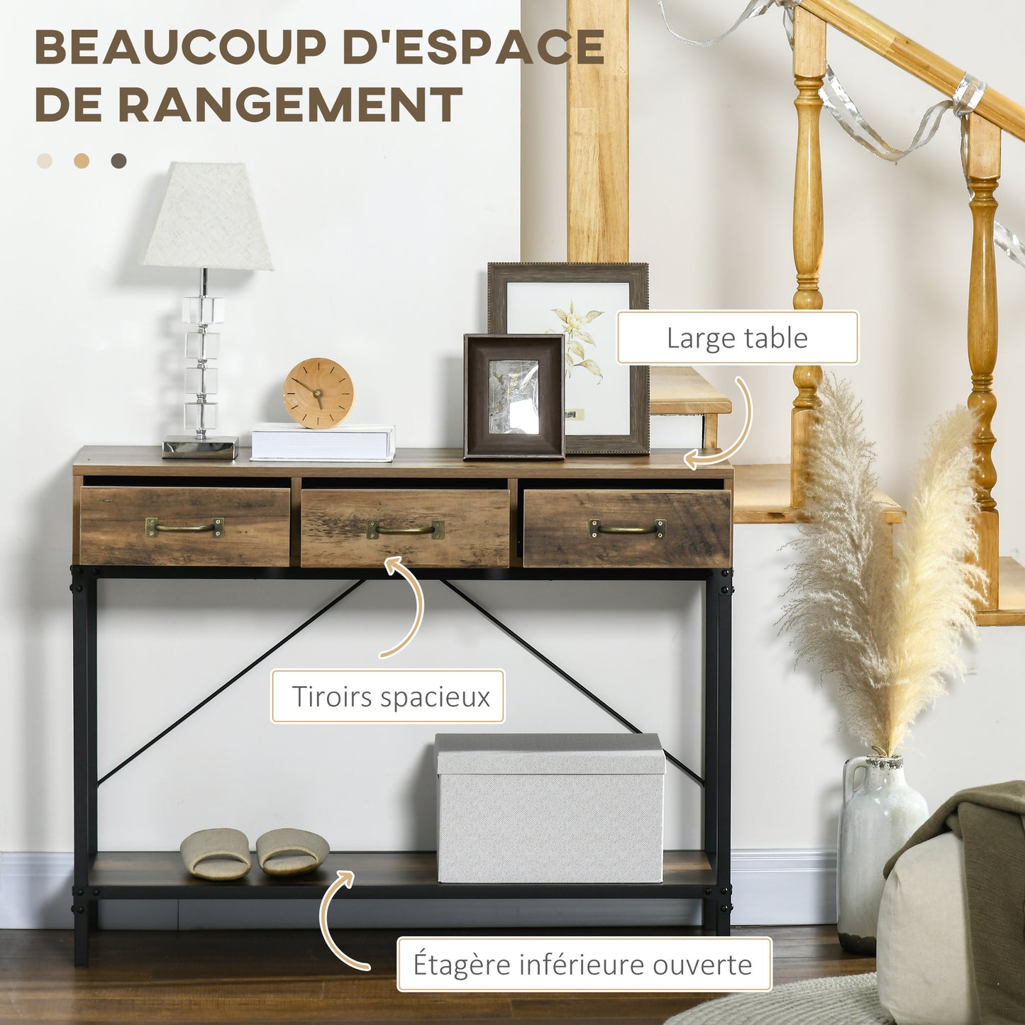 HOMCOM Console Table, Entryway Table, Sofa End Table, Carbon Steel Frame, Easy Assembly, with 3 Drawers And 1 Wooden Top, Industrial Design, 100 X 35 X 76.5 Cm, Light Brown