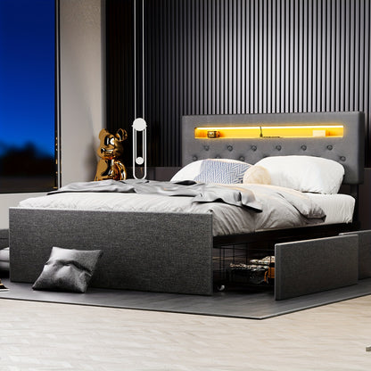 Bedframe – Bed – Ledikant – Slaapbed – Opbergbed – Modern Design – 4 Ruime Opberglades – Stofbekleding Grijs Linnen