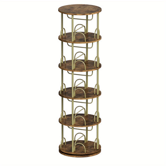 Boekenkast – Boekenrek – Opbergkast – Vakkenkast – Stellingkast – Draaibaar 360° – 5 Lagen Massief Hout – Rond Design