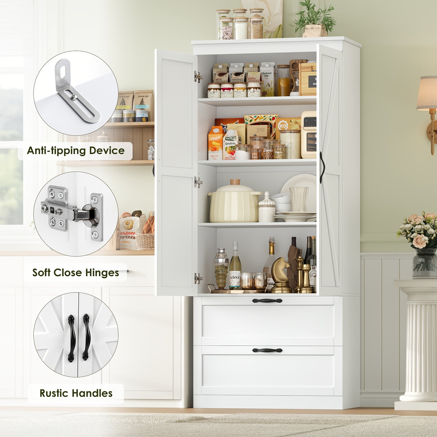 Hoge Kast – Opbergkast – Keukenkast – Boekenkast – Dressoir – Wit – 178,5 cm Hoog – Verstelbare Planken – Duurzaam Hout