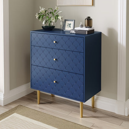Ladekast – Ladenkast – Commode – Dressoir – Opbergkast – Navy Blauw Met Gouden Poten – 3 Lades – Stabiele Metalen Constructie – Compact 89 cm Hoog