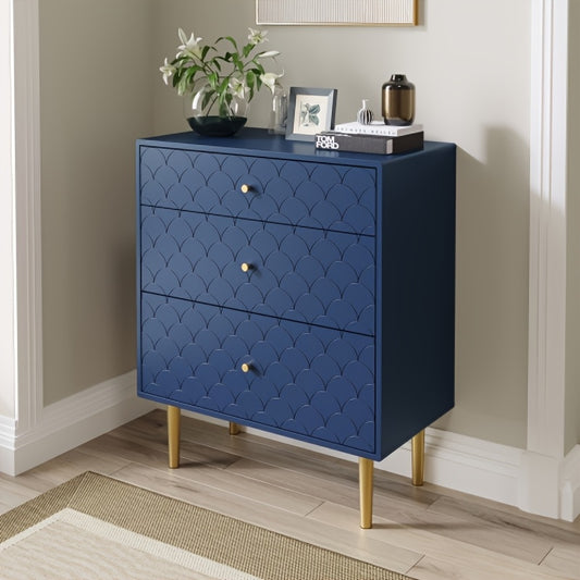Ladekast – Ladenkast – Commode – Dressoir – Opbergkast – Navy Blauw Met Gouden Poten – 3 Lades – Stabiele Metalen Constructie – Compact 89 cm Hoog