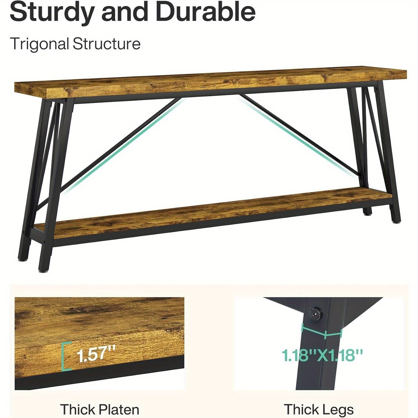 Sofa Tafel – Bijzettafel – Sidetable – Console Tafel – Haltafel – Extra Lang 180 cm – Industrieel Rustiek Bruin – Metalen Frame & Houten Blad – Ruimtebesparend Ontwerp
