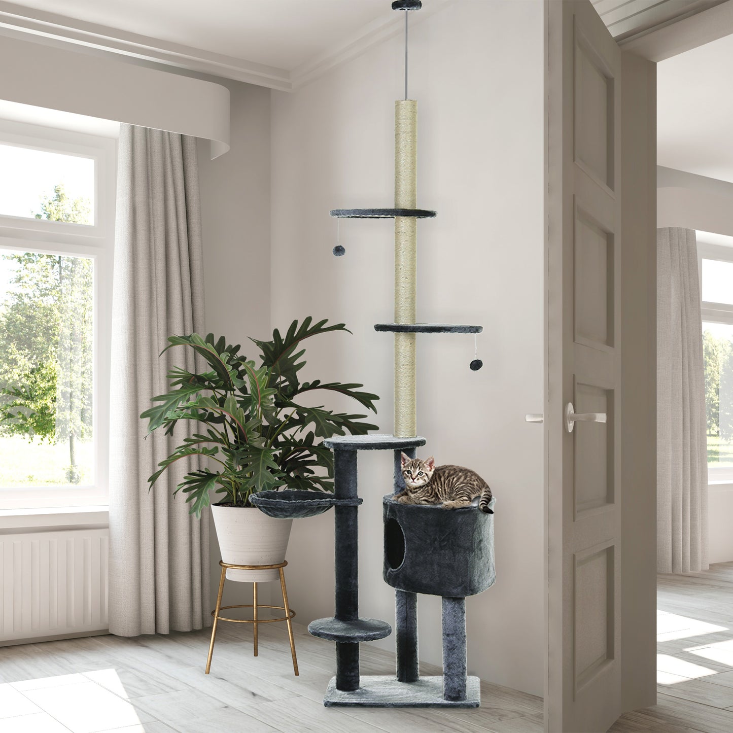 Kattenklimtoren – Krabpaal – Klimtoren – Kattenboom – Speelparadijs – Donkergrijs – Verstelbare Hoogte 220-265 cm – Inclusief Kattenhol en Hangmat