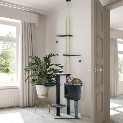 Kattenklimtoren – Krabpaal – Klimtoren – Kattenboom – Speelparadijs – Donkergrijs – Verstelbare Hoogte 220-265 cm – Inclusief Kattenhol en Hangmat
