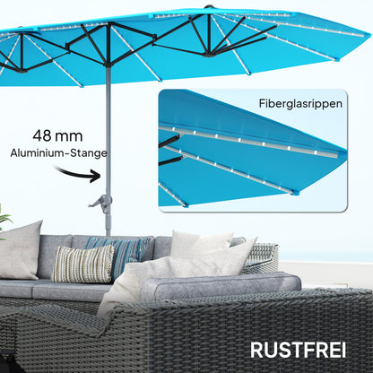 Dubbele Parasol – Tweepersoons Parasol – Terrasparasol – Zonneparasol – Tuinparasol – Blauw – UPF50+ UV-Bescherming – Zonne-LED Verlichting