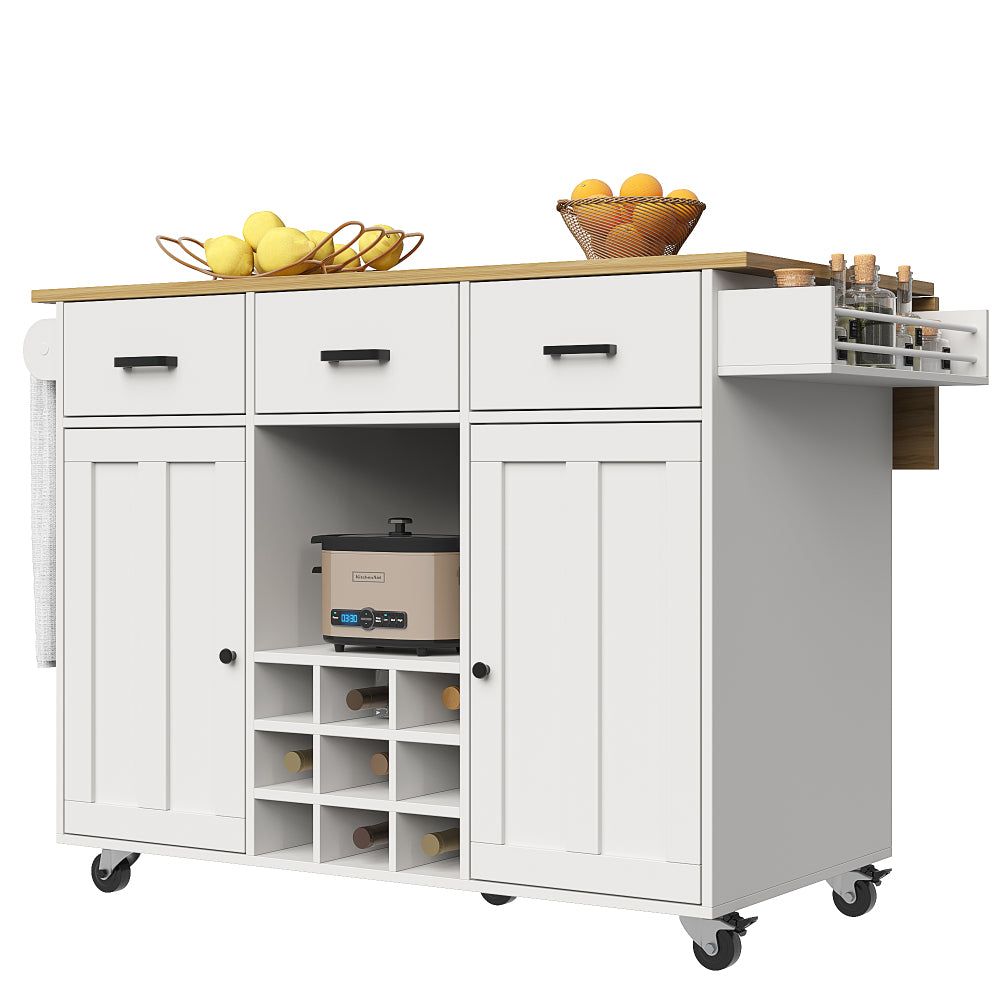 White Metal Mobile Kitchen Island Cart with Wood-Grain Tabletop, Adjustable Dividers, Towel & Spice Racks, Removable Cabinet Doors & Lower Storage - Heavy-Duty Rolling Cabinet with Upper Display Shelf, Easy Assembly, Space-Sa
