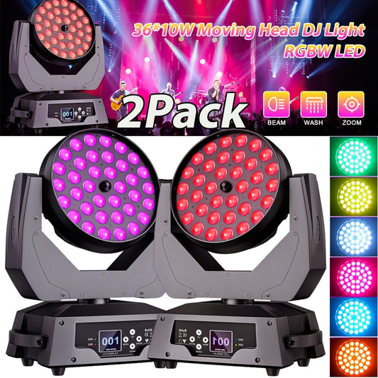 Moving Head Light – Moving Head Lamp – DJ Licht – Podiumverlichting – Disco Licht – Set van 2 – 360W 36x10W LED – DMX512 Controle met Verstelbare Beam Angle