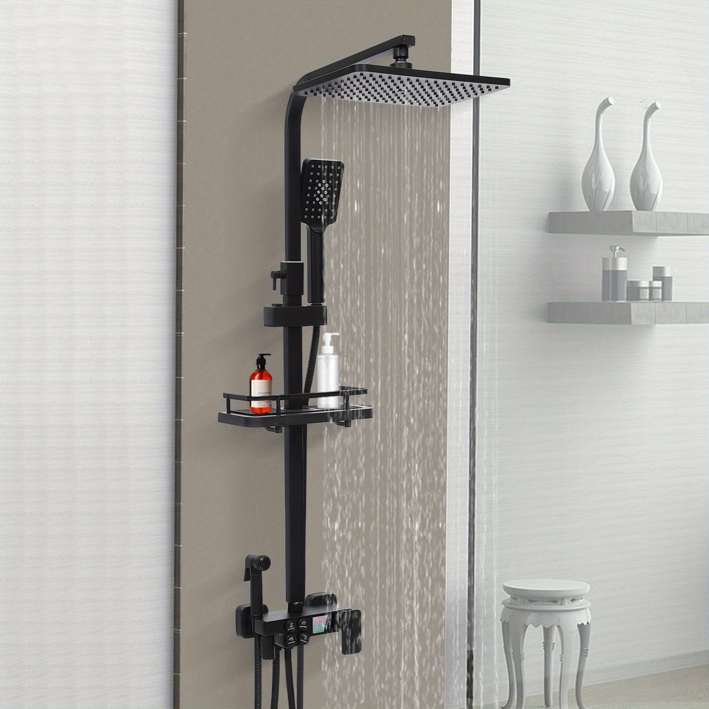 Regendouche – Douche Set – Doucheset – Douchesysteem – Handdouche – Mat Zwart – Roestvrij Staal – Verstelbare Hoogte – Ingebouwde Opbergrek
