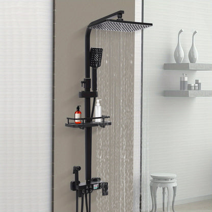 Regendouche – Douche Set – Doucheset – Douchesysteem – Handdouche – Mat Zwart – Roestvrij Staal – Verstelbare Hoogte – Ingebouwde Opbergrek