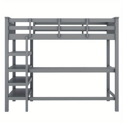 Hoogslaper – Loftbed – Stapelbed – Kinderbed – Eenpersoonsbed – Met Bureau en Opbergrekken – Metalen Stijlvol Frame – Ruimtebesparend Design – Grijs – Stevig en Duurzaam