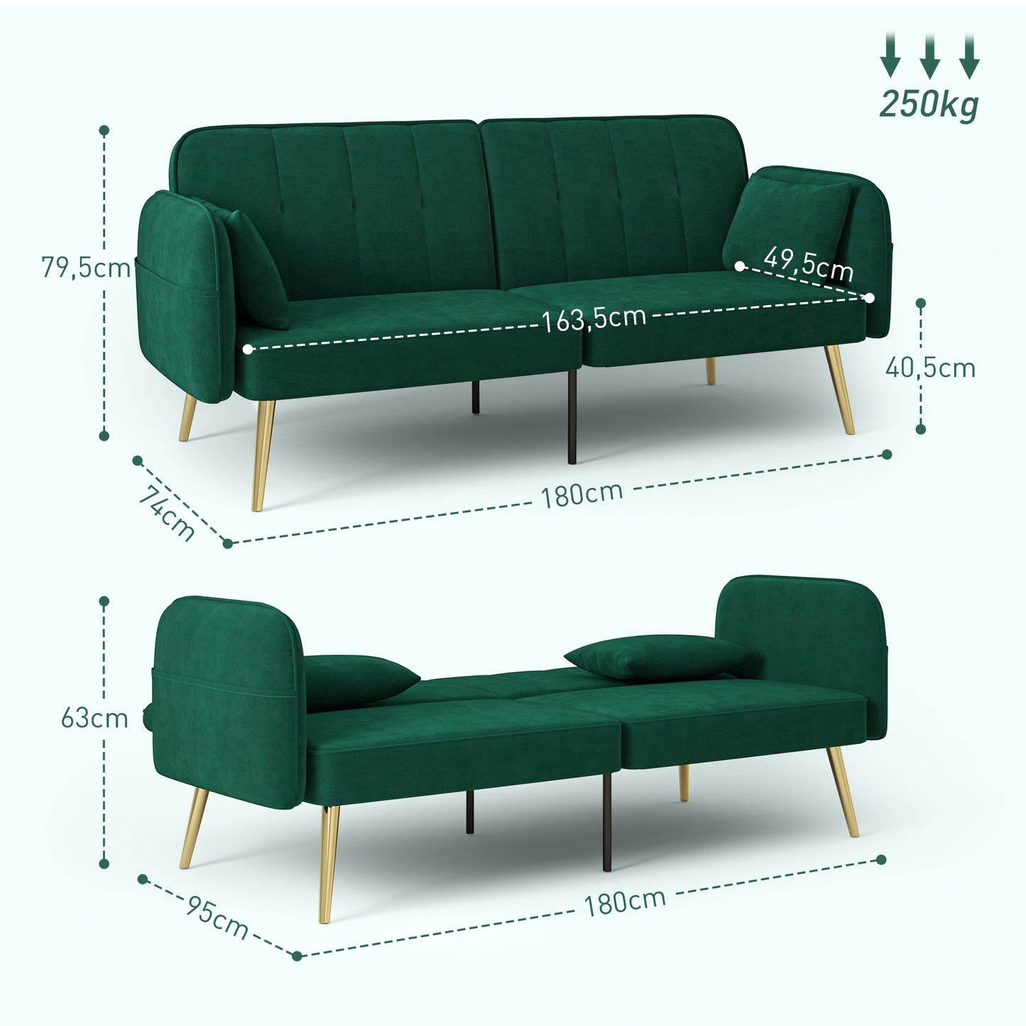 2-Zits Slaapbank – Tweepersoonsbed – Klikklak Bank – Sofa Bed – Slaapbank Donkergroen – Verstelbare Rugleuning – Velvet Bekleding