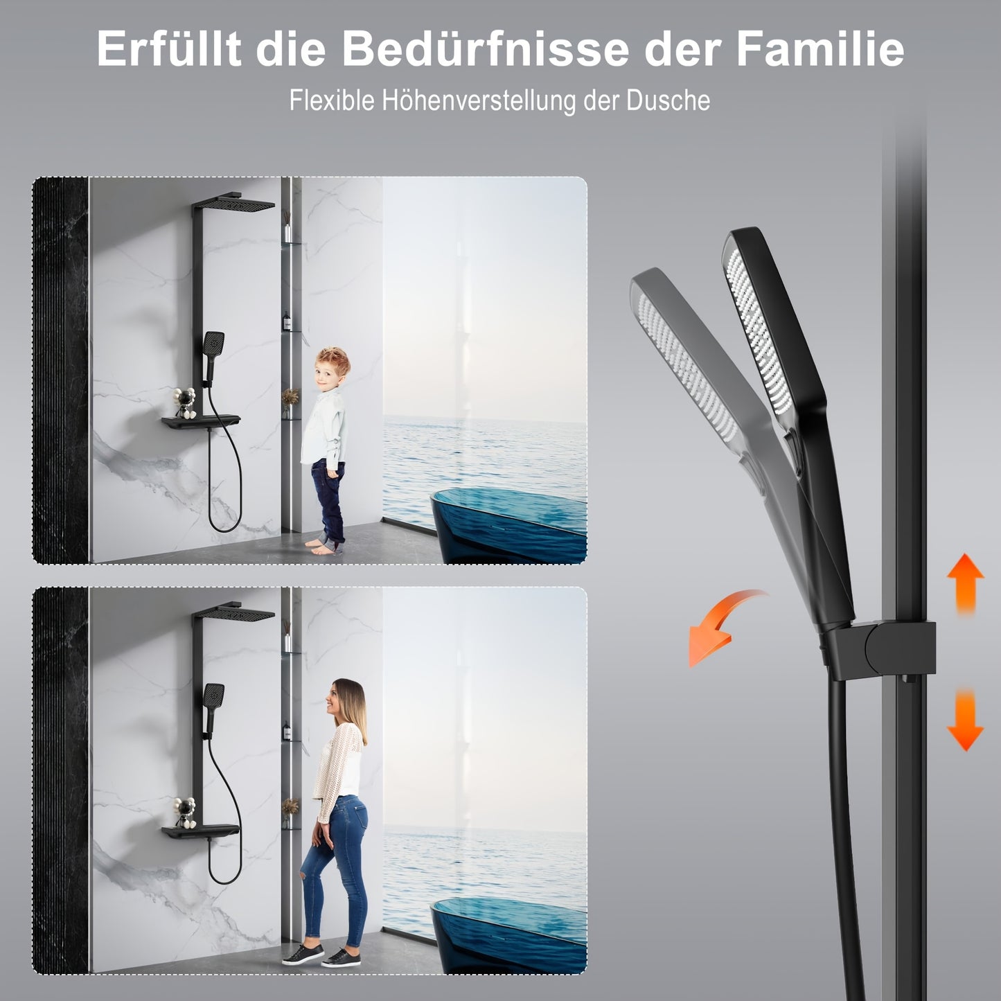 Douchekraan – Doucheset – Douchemengkraan – Thermostaatkraan – Handdouche – Matte Zwarte Afwerking – Thermostaat Met Glazen Plank – 3 Spraystanden Handdouche